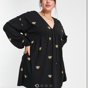 ASOS Design Curve V-neck Mini Smock Dress with Gold Bug/Bee Embroidery NWOT